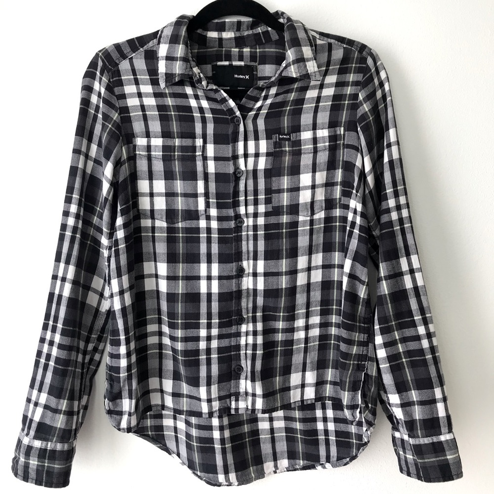 Hurley Tops | Black & White Plaid Long Sleeve Button Down Flannel Shirt, Size: S
